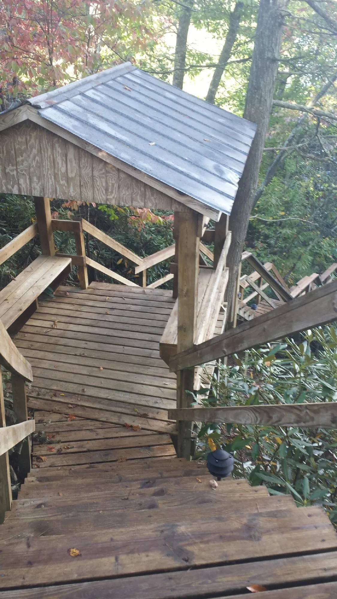 Metal roofed shelter over wooden steps on a wooded walkway — Skylight Repair & Installation work by our crew in Bryn Athyn